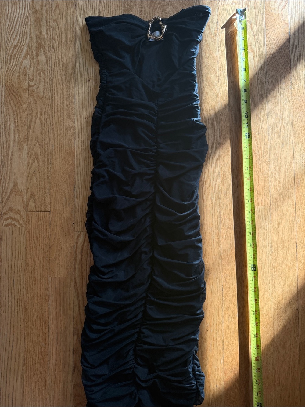 Oh Polly Black Strapless Ruched Dress with Gold Decorative Ring